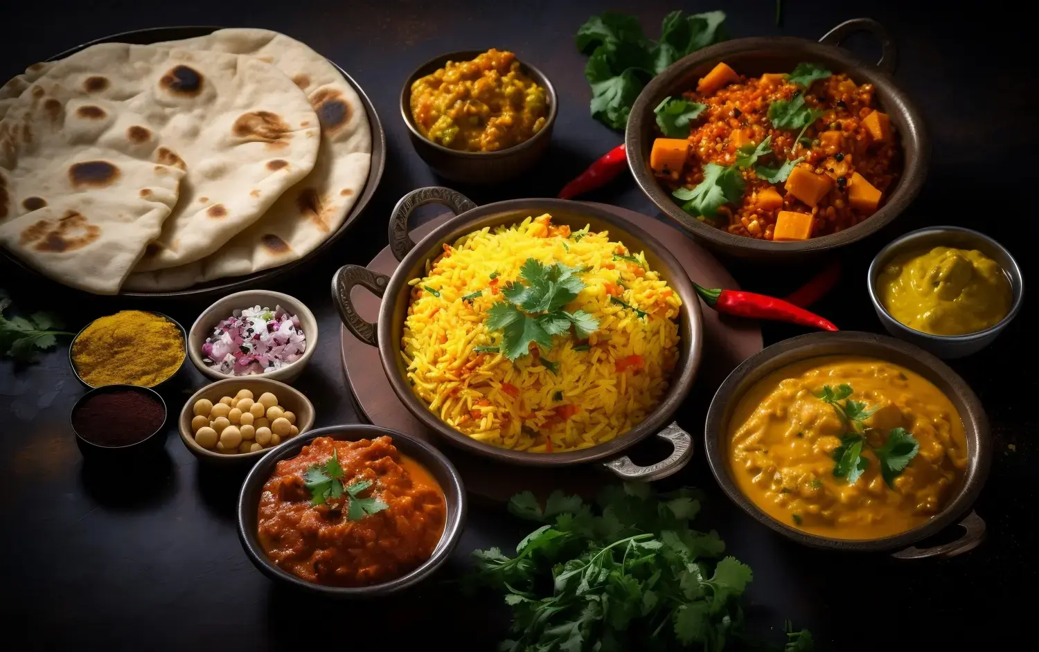 Verschiedene indische Gerichte auf dunklem, rustikalem Hintergrund. Traditionelle indische Gerichte: Chicken Tikka Masala, Palak Paneer, Safranreis, Linsensuppe, Fladenbrot und Gewürze