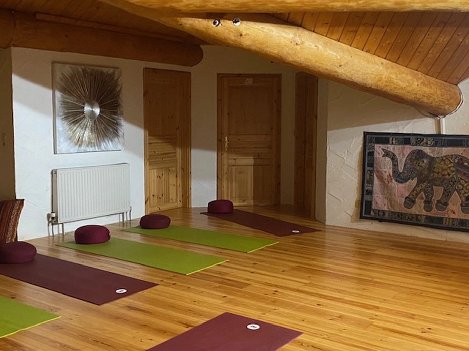 Anette Colling, Yoga-Studio drinnen, grüne Yogamatten und kastanienbraune Kissen